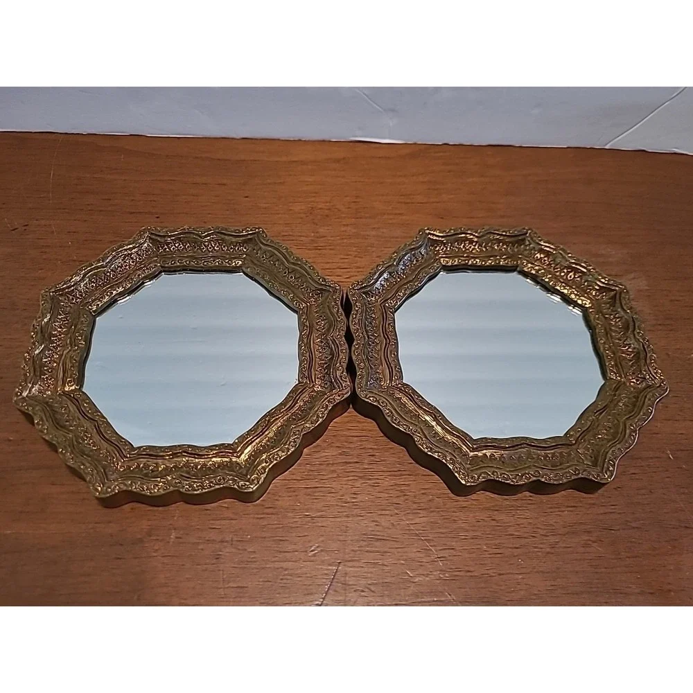 VTG 2 Burwood GoldTone Octagon Mirrors Wall Hanging MCM Hollywood Regency 6 1/2